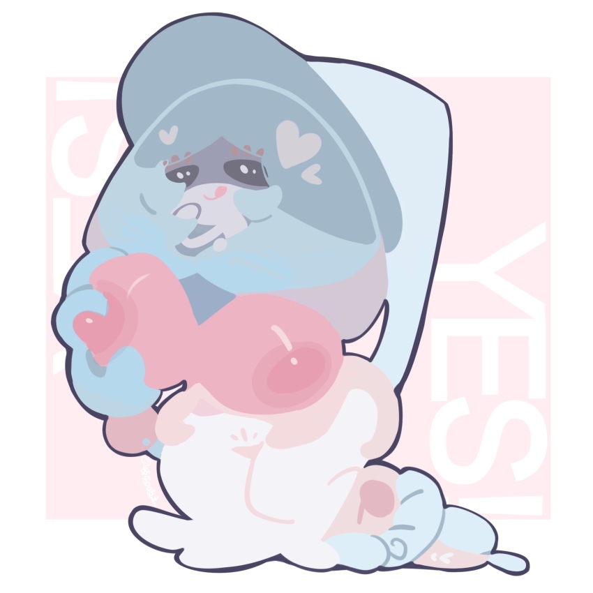 blue_hair border cabbage_leaves creatures_(company) english_text game_freak gen_8_pokemon hat hatenna hatterene heart licking_lips long_hair nintendo no_humans pink_background pink_hair pokemon sexually_suggestive smile tongue tongue_out white_border witch_hat