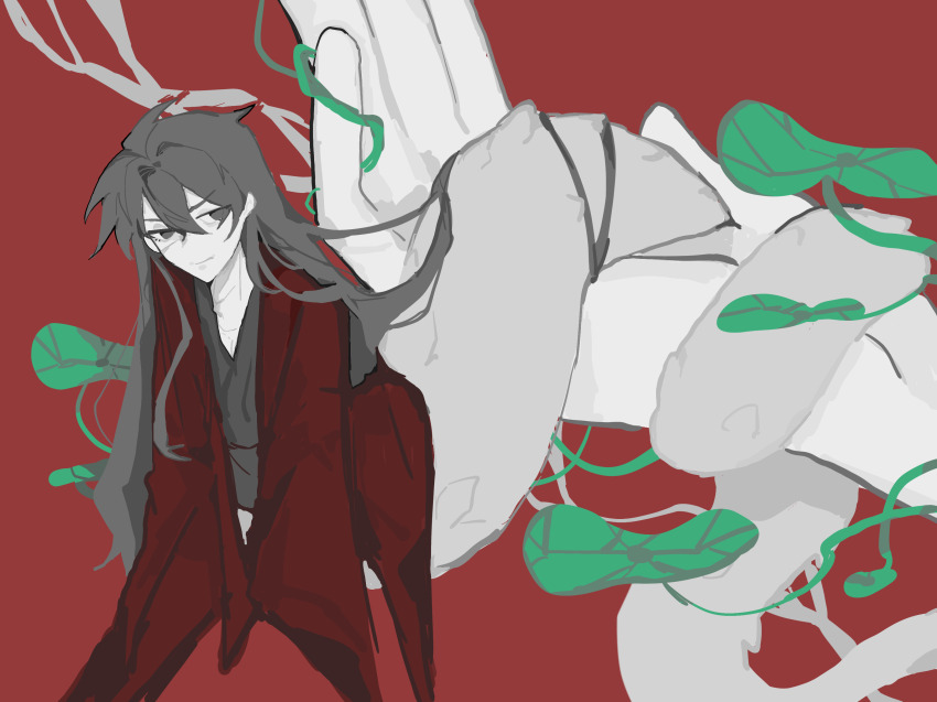 0v07003913 1boy 1other absurdres black_eyes black_hanfu chinese_clothes chinese_commentary closed_mouth coat dao_gui_yi_xian giant_hand hair_between_eyes hair_down hanfu highres holding holding_mini_person in_palm lamia_boy leaning_forward li_huowang limited_palette long_hair long_sleeves lotus_leaf male_focus mini_person miniboy monster_boy monsterification open_clothes open_coat plant red_background red_coat red_theme scar scar_on_face simple_background sketch sleeves_past_fingers sleeves_past_wrists snake_boy solo_focus very_long_hair vines