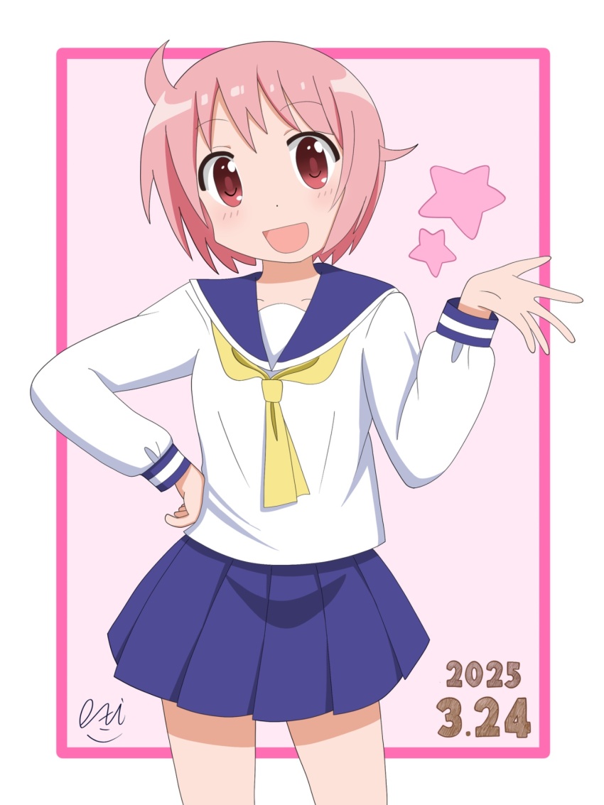 1girl 2025 birthday blue_sailor_collar blue_skirt blush border collarbone dated dot_nose feet_out_of_frame female_focus highres legs long_hair long_sleeves looking_at_viewer nonohara_yuzuko open_mouth pink_background pink_eyes pink_hair sailor_collar shirt short_hair skirt solo standing star_(symbol) stdk310 white_shirt yuyushiki yuyushiki&#039;s_school_uniform