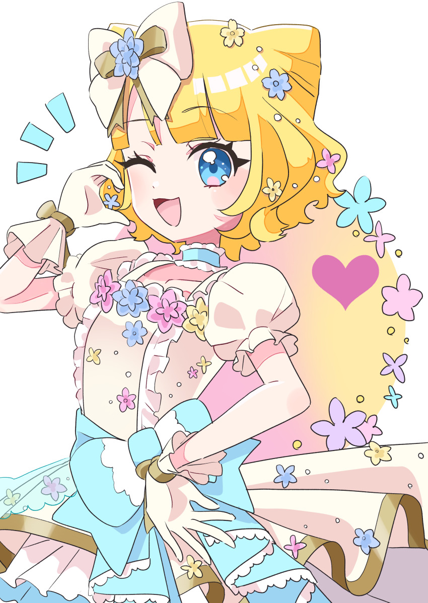 1girl ;d absurdres blonde_hair blue_bow blue_choker blue_eyes bow choker dress frilled_dress frills gloves hair_ribbon half-heart_hands hand_up highres looking_at_viewer madori_(1ldkplanet) minami_mirei one_eye_closed open_mouth pretty_series pripara puffy_short_sleeves puffy_sleeves ribbon short_hair short_sleeves smile solo white_gloves white_ribbon
