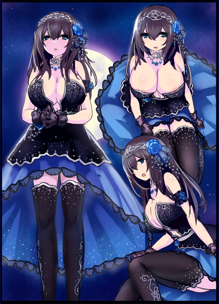 10s 1girl absurdres areola_slip black_hair blue_eyes breasts cleavage female_focus flower hair_flower hair_ornament highres hu_sea huge_breasts idolmaster idolmaster_cinderella_girls idolmaster_cinderella_girls_starlight_stage long_hair looking_at_viewer sagisawa_fumika solo thighhighs