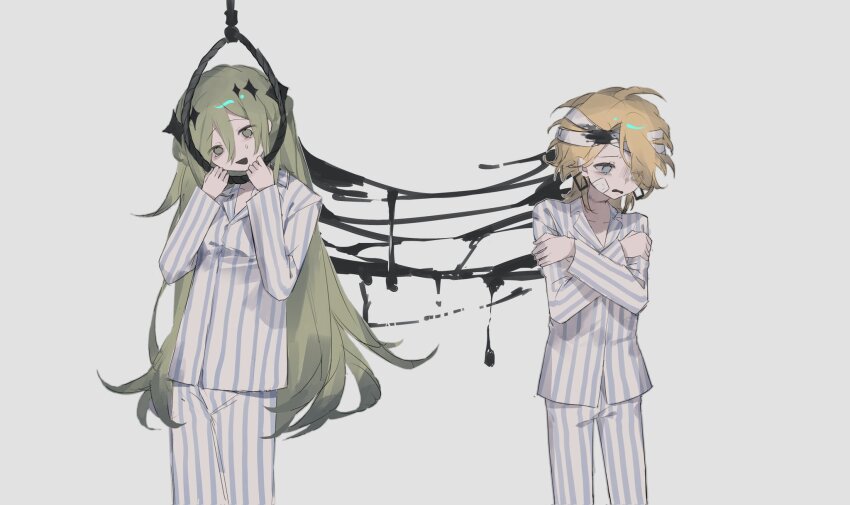 16personalities 2girls adventurer_(16personalities) bandaged_head bandages black_blood blood blue_eyes cowboy_shot earrings green_eyes green_hair hair_between_eyes hand_up highres jewelry kuuki_garden long_hair long_sleeves mediator_(16personalities) multiple_girls noose open_mouth pajamas self_hug shirt sidelocks simple_background striped_clothes striped_pajamas striped_shirt very_long_hair white_background