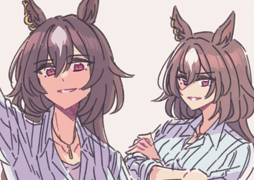 1girl akamirai animal_ears collared_shirt commentary ear_ornament grey_background grey_shirt grin hair_between_eyes highres horse_ears horse_girl jewelry long_hair long_sleeves looking_at_viewer multicolored_hair multiple_views necklace official_alternate_costume red_eyes shirt simple_background sirius_symboli_(umamusume) smile streaked_hair striped_clothes striped_shirt umamusume upper_body vertical-striped_clothes vertical-striped_shirt white_hair