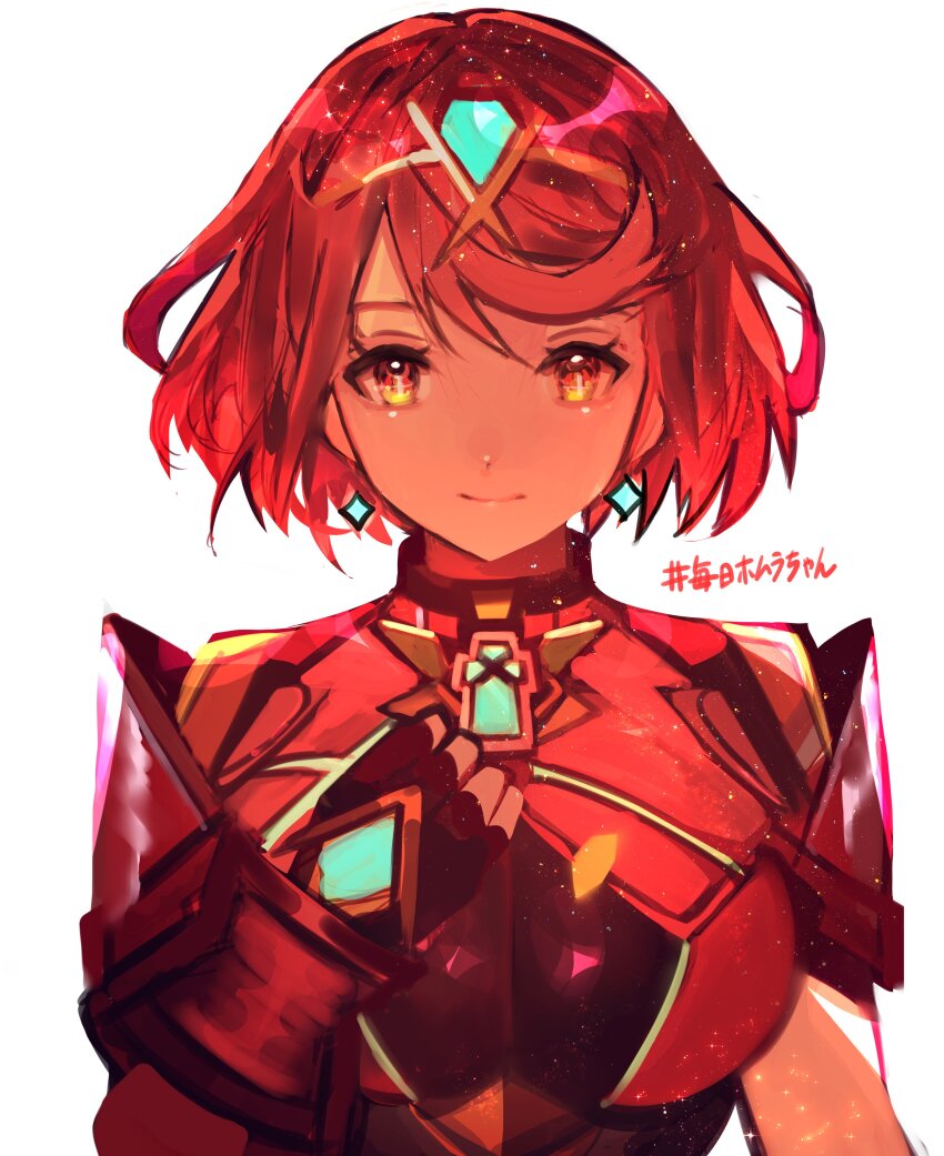 1girl absurdres black_gloves breasts chest_jewel core_crystal_(xenoblade) fingerless_gloves gloves highres large_breasts pyra_(xenoblade) red_eyes red_hair short_hair simple_background solo tarbo_(exxxpiation) tiara upper_body white_background xenoblade_chronicles_(series) xenoblade_chronicles_2