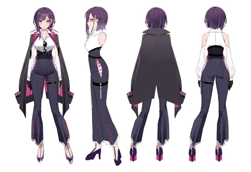1girl armpit_crease arms_at_sides asymmetrical_hair bare_shoulders belt black_belt black_gloves breasts reference_sheet chigusa_minori cleavage clothing_cutout coat coat_on_shoulders collarbone collared_shirt commentary contrapposto covered_groin covered_navel cross-laced_clothes english_commentary eyeshadow eyewear_hang frilled_pants frills from_behind from_side full_body gloves grey_coat hair_behind_ear hair_intakes hair_ornament high-waist_pants high_heels highres hip_vent large_breasts long_sleeves looking_at_viewer makeup multiple_views official_art open_collar pants parted_lips pink_eyeshadow profile purple_footwear purple_hair purple_pants ringlets second-party_source shirt shirt_tucked_in short_hair shoulder_cutout sidelocks simple_background specialite_(company) specialite_en standing stiletto_heels straight-on sunglasses swept_bangs thick_eyelashes thigh_belt thigh_strap two-sided_coat two-sided_fabric unworn_eyewear valerie_victoria virtual_youtuber white_background white_shirt yellow_eyes