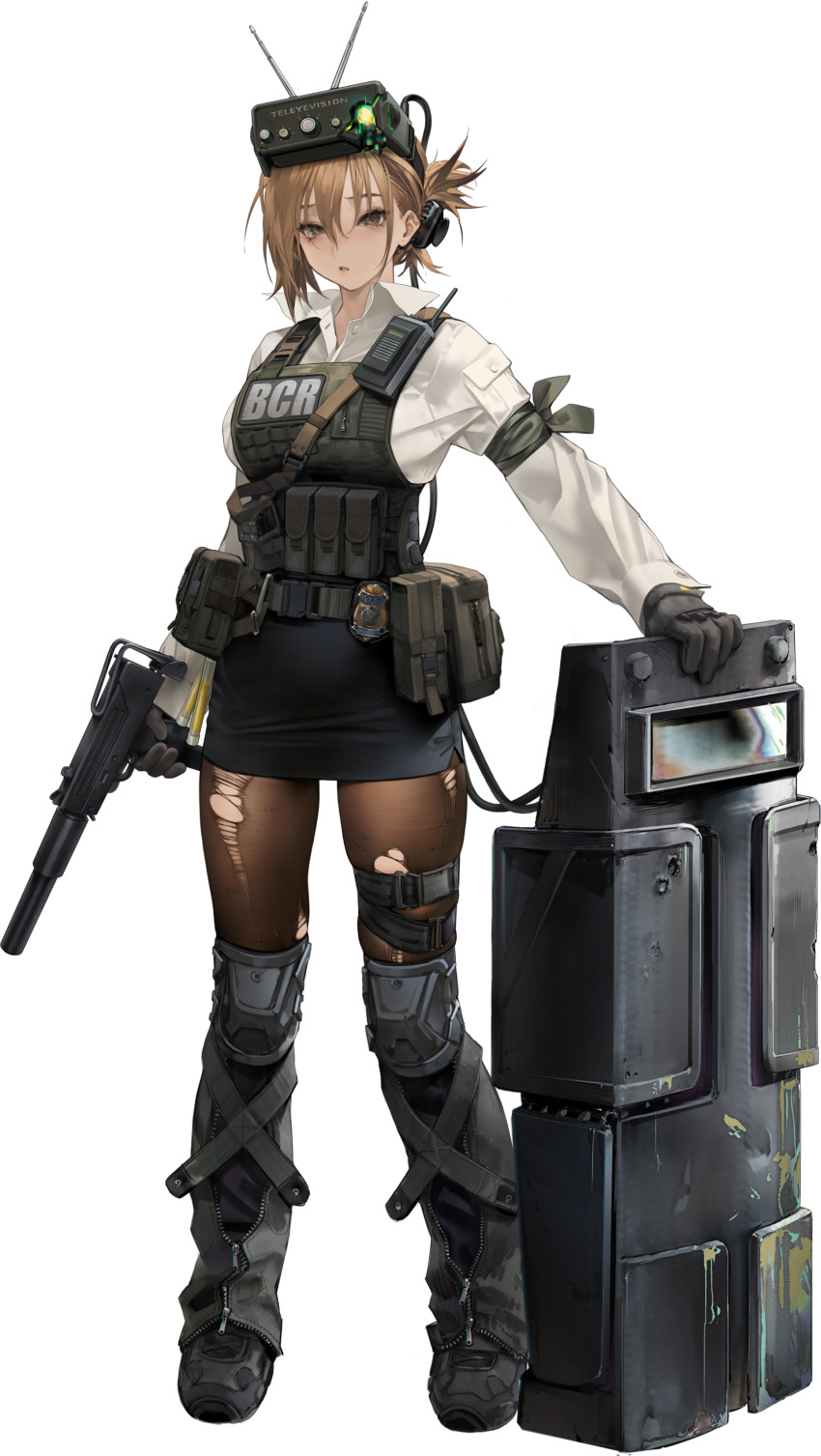1girl absurdres ammunition_pouch armband ballistic_shield belt belt_pouch black_boots black_gloves black_pantyhose black_skirt boots brown_eyes brown_hair bulletproof_vest collared_shirt dress_shirt echoes_of_vision full_body gloves green_armband gun hand_on_shield head-mounted_display headset highres holding holding_gun holding_weapon knee_boots knee_pads legs_apart long_sleeves looking_at_viewer mac-10/11 miniskirt official_art pantyhose parted_lips pencil_skirt pouch radio_antenna shield shirt short_hair skirt solo standing submachine_gun suppressor tachi-e tarasque_(echoes_of_vision) thigh_belt thigh_strap torn_clothes torn_pantyhose transparent_background walkie-talkie weapon weapon_request white_shirt