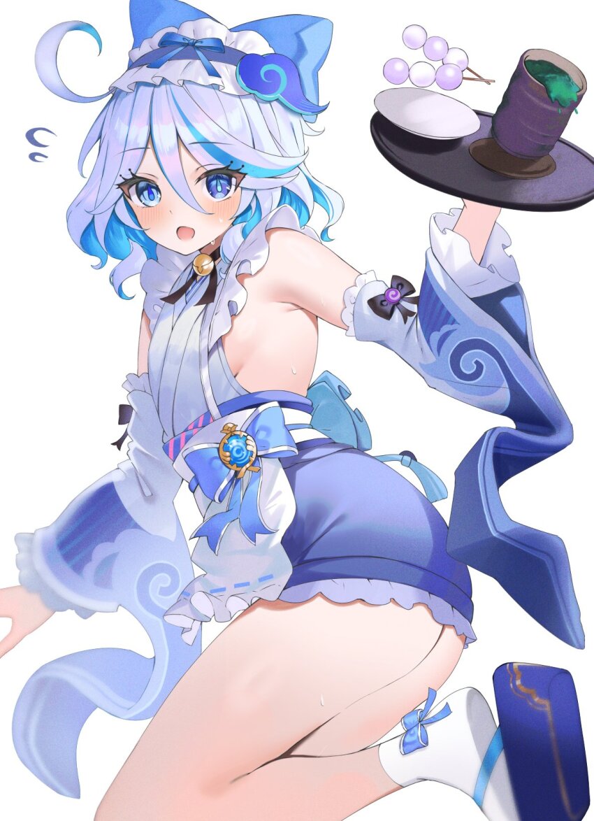 1girl ahoge ass bare_shoulders bell black_bow blue_bow blue_eyes blue_hair blue_kimono blue_shoes blue_sleeves blush bow cosplay cup dango detached_sleeves food frilled_sleeves frills full_body furina_(genshin_impact) genshin_impact heterochromia highres holding holding_tray hydro_symbol_(genshin_impact) japanese_clothes kimono looking_at_viewer multicolored_hair open_mouth plate shoes short_hair simple_background sleeveless sleeveless_kimono socks solo streaked_hair thighs tray tsukise_miwa vision_(genshin_impact) wagashi white_background white_socks wide_sleeves yumemizuki_mizuki yumemizuki_mizuki_(cosplay)
