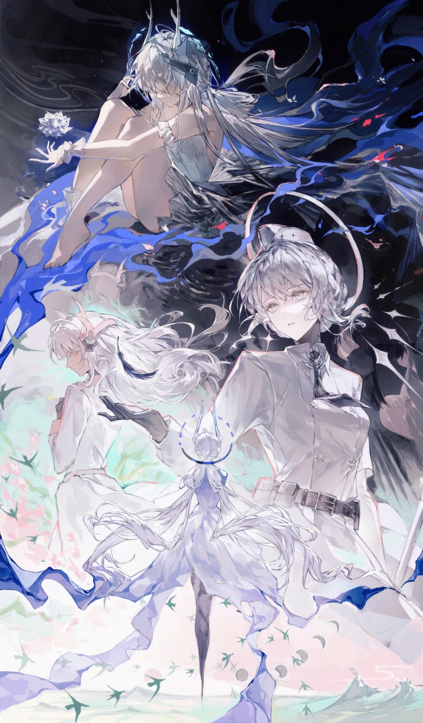 1girl absurdres bare_shoulders barefoot black_gloves breasts closed_mouth dress feathers frilled_wrist_cuffs frills full_body garrison_cap gloves grey_eyes grey_hair hair_between_eyes hair_ornament halo hat headgear highres knees_to_chest legs liv:_eclipse_(pgr) liv:_empyrea_(pgr) liv:_limpidity_(pgr) liv_(pgr) long_hair long_sleeves looking_down looking_to_the_side medium_breasts multiple_persona multiple_views necktie pink_eyes profile punishing:_gray_raven sidelocks updo upper_body very_long_hair white_dress white_hair wrist_cuffs x_hair_ornament zhouliang48183