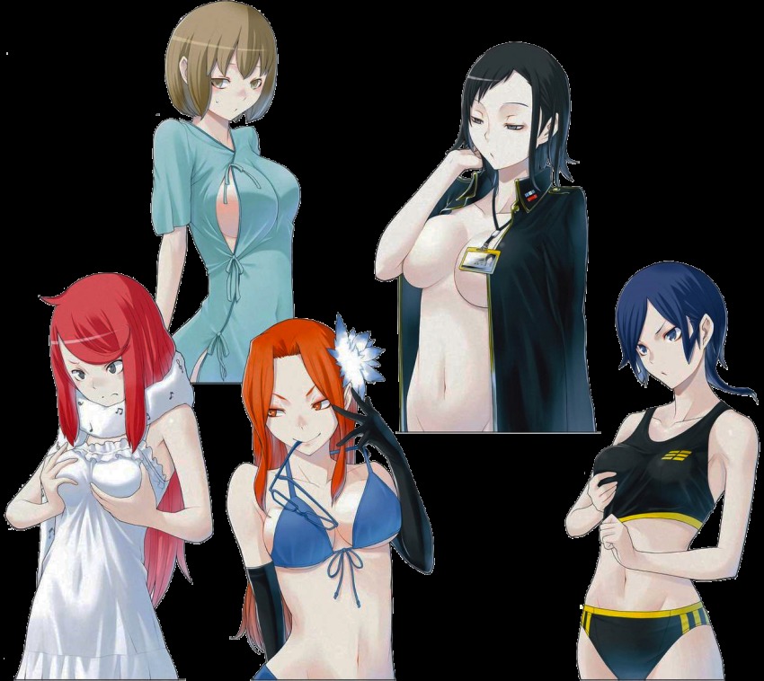 5girls alternate_hairstyle ban_airi bikini black_bikini black_gloves black_hair black_jacket blue_bikini blue_eyes blue_hair breasts brown_eyes brown_hair cleavage covered_navel devil_survivor_(series) devil_survivor_2 elbow_gloves embarrassed female_focus flower front-tie_bikini_top front-tie_top glasses gloves grabbing_another&#039;s_breast groping hair_flower hair_ornament jacket kanno_fumi kujou_hinako large_breasts long_hair matching_hair/eyes mouth_hold multiple_girls naked_jacket navel nitta_io nude orange_eyes orange_hair red_hair sako_makoto scarf short_hair small_breasts smile sports_bra sweatdrop swimsuit tagme underboob yasuda_suzuhito