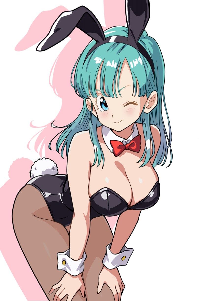1girl absurdres animal_ear_hairband animal_ears aqua_hair black_leotard blue_eyes bow bowtie breasts brown_pantyhose bulma cleavage detached_collar dragon_ball dragon_ball_(classic) dragon_ball_daima fake_animal_ears hairband hands_on_own_thighs highres large_breasts leotard long_hair one_eye_closed pantyhose playboy_bunny rabbit_ears rabbit_tail red_bow red_bowtie shadow solo strapless strapless_leotard tail tetsuado white_background wrist_cuffs