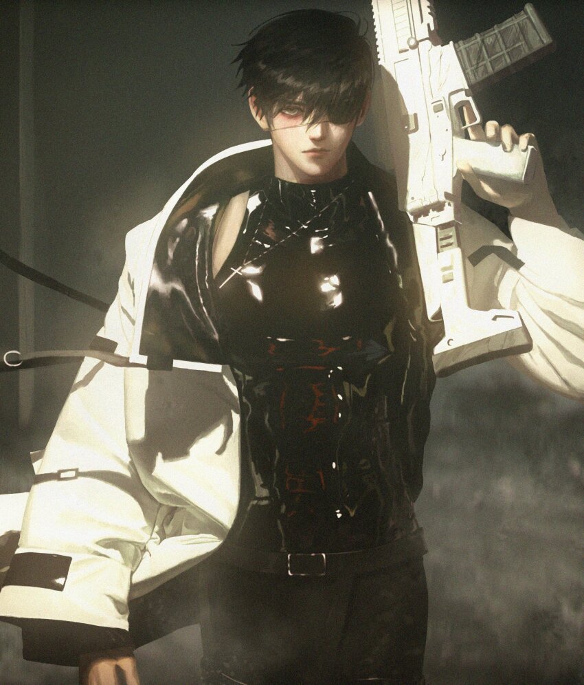 1boy abs absurdres aegyo_sal assault_rifle belt black_eyes black_hair cowboy_shot eyepatch gun highres holding holding_gun holding_weapon jacket looking_at_viewer male_focus meltoring original oversized_jacket realistic rifle serious shirt short_hair sleeveless sleeveless_shirt solo tight_clothes toned toned_male weapon white_jacket