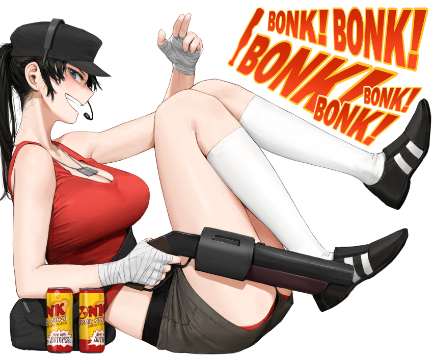 1girl bandaged_hand bandages black_hair black_hat blue_eyes bonk bonk!_atomic_punch breasts cleavage dog_tags from_side full_body genderswap genderswap_(mtf) grin gun hat headset highres holding holding_gun holding_weapon kneehighs large_breasts looking_at_viewer midriff open_mouth panties panty_peek pointing pointing_at_viewer ponytail red_panties red_tank_top scout_(tf2) shorts shotgun smile socks solo tank_top team_fortress_2 underwear weapon yangmal_jelly