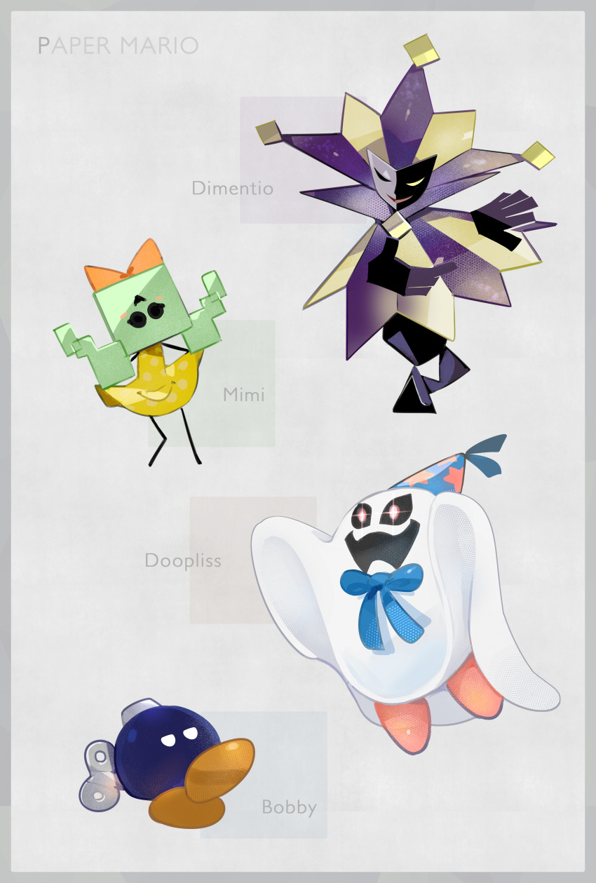 1girl 3boys absurdres bobby_(paper_mario) bow character_name clown clown_boy copyright_name crossed_legs dimentio doopliss dress english_text grey_background hat highres higuchi_megumi jester jester_boy mario_(series) mask mimi_(paper_mario) multiple_boys nintendo no_humans open_mouth paper_mario paper_mario:_the_origami_king paper_mario:_the_thousand_year_door party_hat red_bow simple_background star_(symbol) super_paper_mario upside-down_head yellow_dress