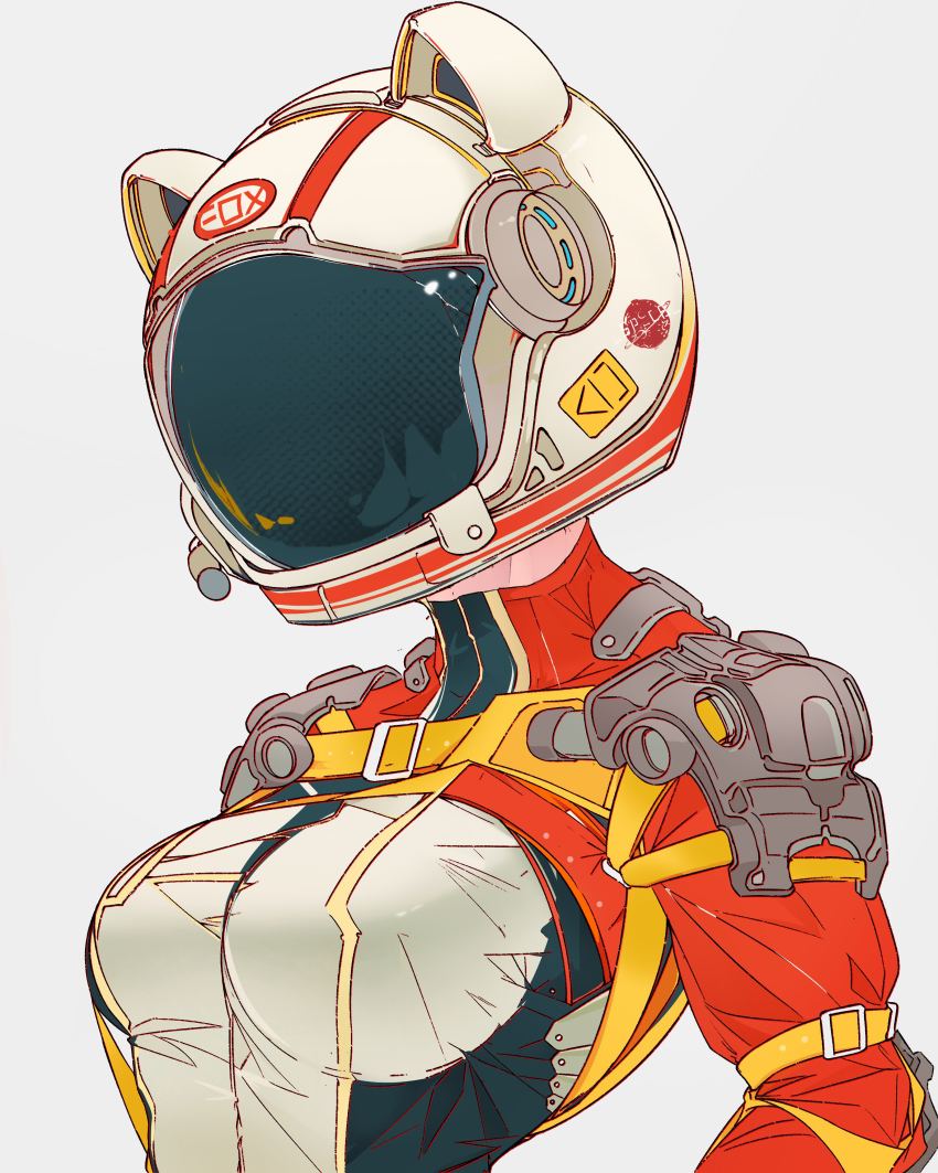 1girl absurdres animal_ears_helmet animal_helmet breasts commentary elliemaplefox helmet highres medium_breasts original simple_background solo space_helmet spacesuit upper_body white_background
