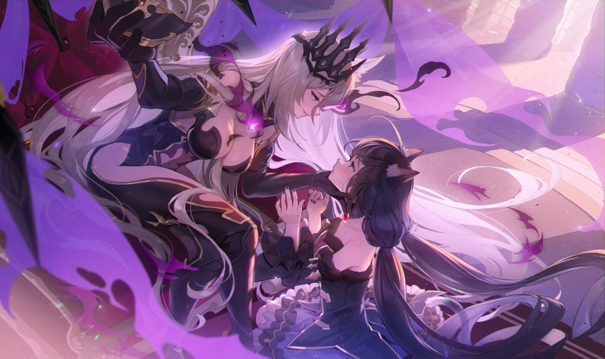 2girls absurdres animal_ear_fluff black_gloves black_hair black_nails black_sleeves blue_eyes blush breasts cleavage detached_sleeves elbow_gloves eye_contact floating_hair fur-trimmed_sleeves fur_trim gloves highres holding karyl_(princess_connect!) large_breasts layered_skirt long_hair looking_at_another majiang multiple_girls nail_polish parted_lips princess_connect! purple_skirt red_eyes senri_mana silver_hair skirt smile sweatdrop twintails very_long_hair