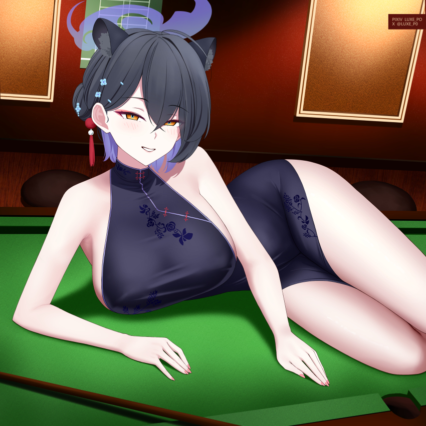 1girl absurdres animal_ear_fluff animal_ears bare_arms bare_legs bare_shoulders black_dress black_hair blue_archive blush china_dress chinese_clothes crossed_bangs dress extra_ears floral_print grin hair_between_eyes hair_bun highres kaguya_(blue_archive) looking_at_viewer luxe lying on_side pink_nails single_sidelock smile solo tiger_ears tiger_girl yellow_eyes