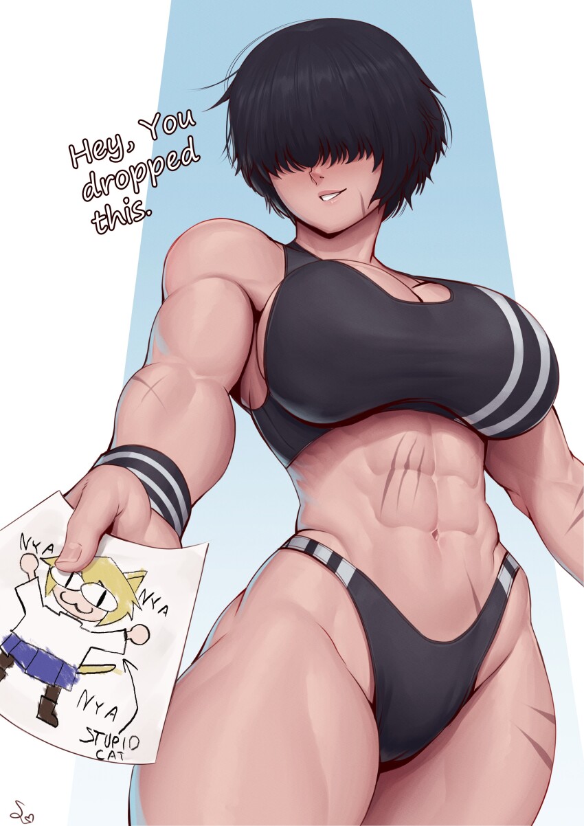 1girl abs absurdres black_hair black_panties black_sports_bra breasts cleavage_cutout clothing_cutout english_text from_below gluteal_fold hair_over_eyes highres holding holding_paper large_breasts long_bangs looking_at_viewer muscular muscular_female neco-arc original pale_skin panties paper quads scar scar_on_face scar_on_stomach short_hair speedl00ver sports_bra striped_clothes striped_panties thighs thong tomboy underwear underwear_only wristband