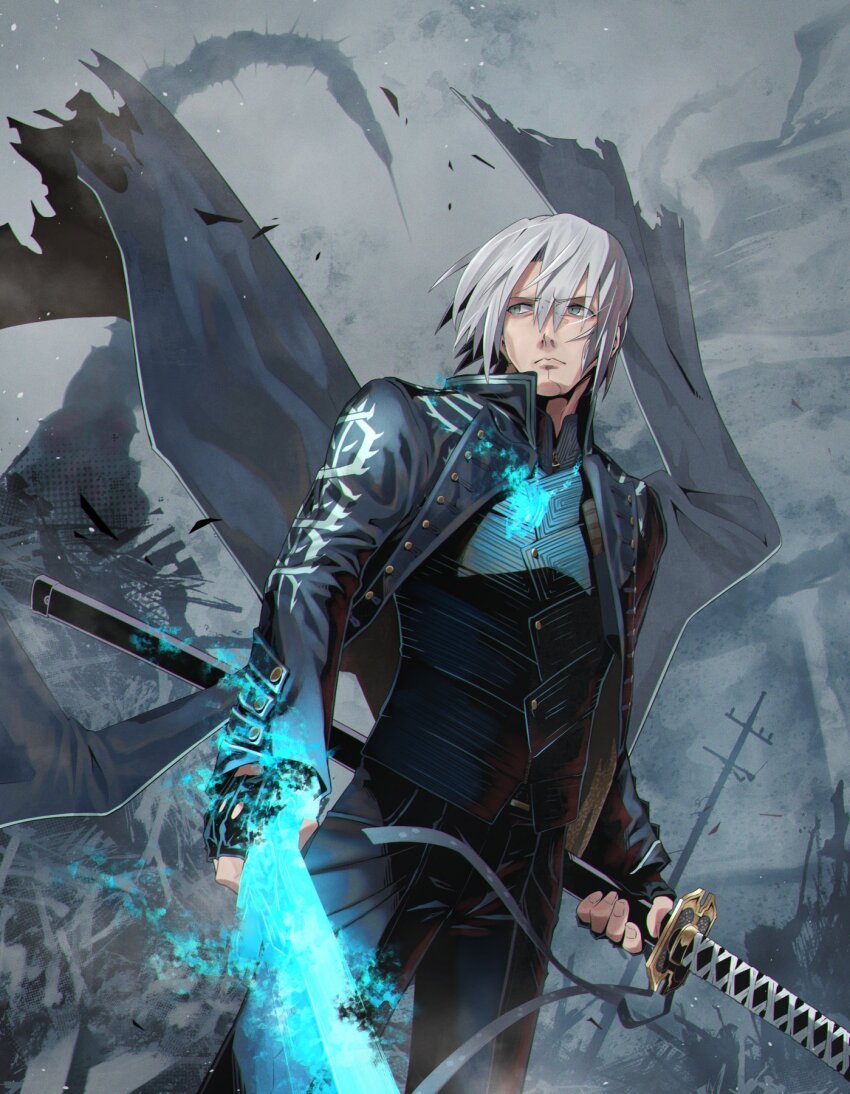 1boy black_coat black_gloves blue_eyes closed_mouth coat devil_may_cry_(series) fingerless_gloves gloves greenkohgen hair_down highres holding holding_sword holding_weapon katana solo sword underwear vergil_(devil_may_cry) weapon white_hair yamato_(sword)