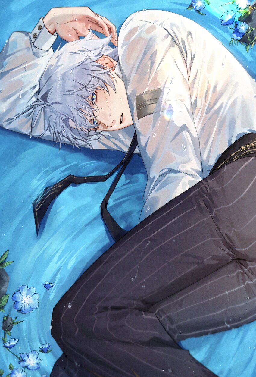 1boy absurdres antenna_hair armlet black_necktie black_pants blue_eyes collared_shirt fang_zanniz hashtag-only_commentary highres honkai:_star_rail honkai_(series) jewelry long_sleeves looking_at_viewer lying male_focus necktie official_alternate_costume on_side pants parted_bangs parted_lips phainon_(anan)_(honkai:_star_rail) phainon_(honkai:_star_rail) see-through_clothes see-through_shirt shirt short_hair solo wet wet_clothes wet_shirt white_hair white_shirt