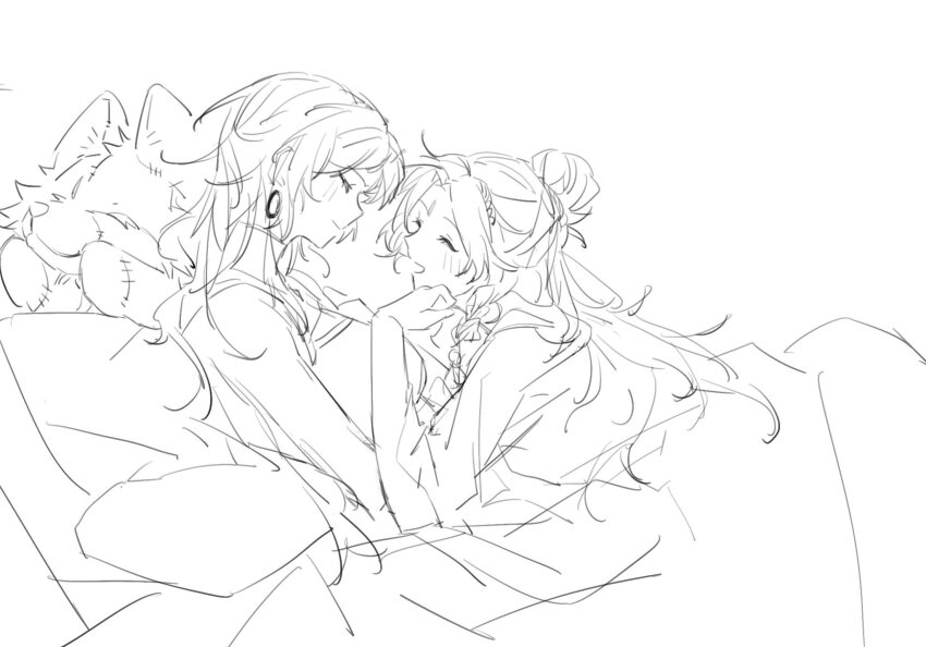 2girls blush closed_eyes closed_mouth commentary_request du_ruo_(path_to_nowhere) earrings from_side greyscale highres jewelry long_hair lying_on_lap monochrome multiple_girls on_bed open_mouth path_to_nowhere pillow profile reclining sketch smile stuffed_animal stuffed_toy tooong4 yao_(path_to_nowhere) yuri