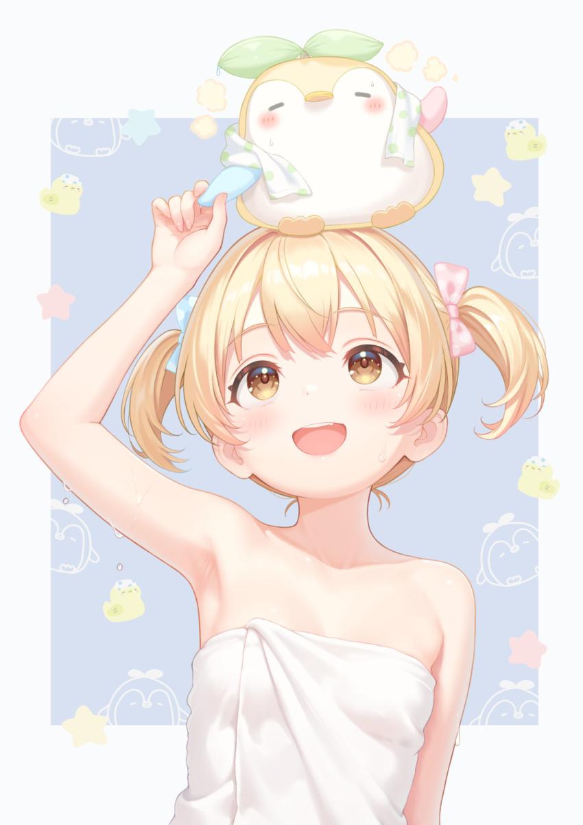 1girl arm_up armpits bare_shoulders bird blonde_hair blush border breasts brown_eyes collarbone dot_nose double-parted_bangs grey_border highres looking_up minami_mii naked_towel open_mouth original outside_border penguin rebun short_hair sidelocks simple_background small_breasts smile solo teeth towel twintails upper_teeth_only