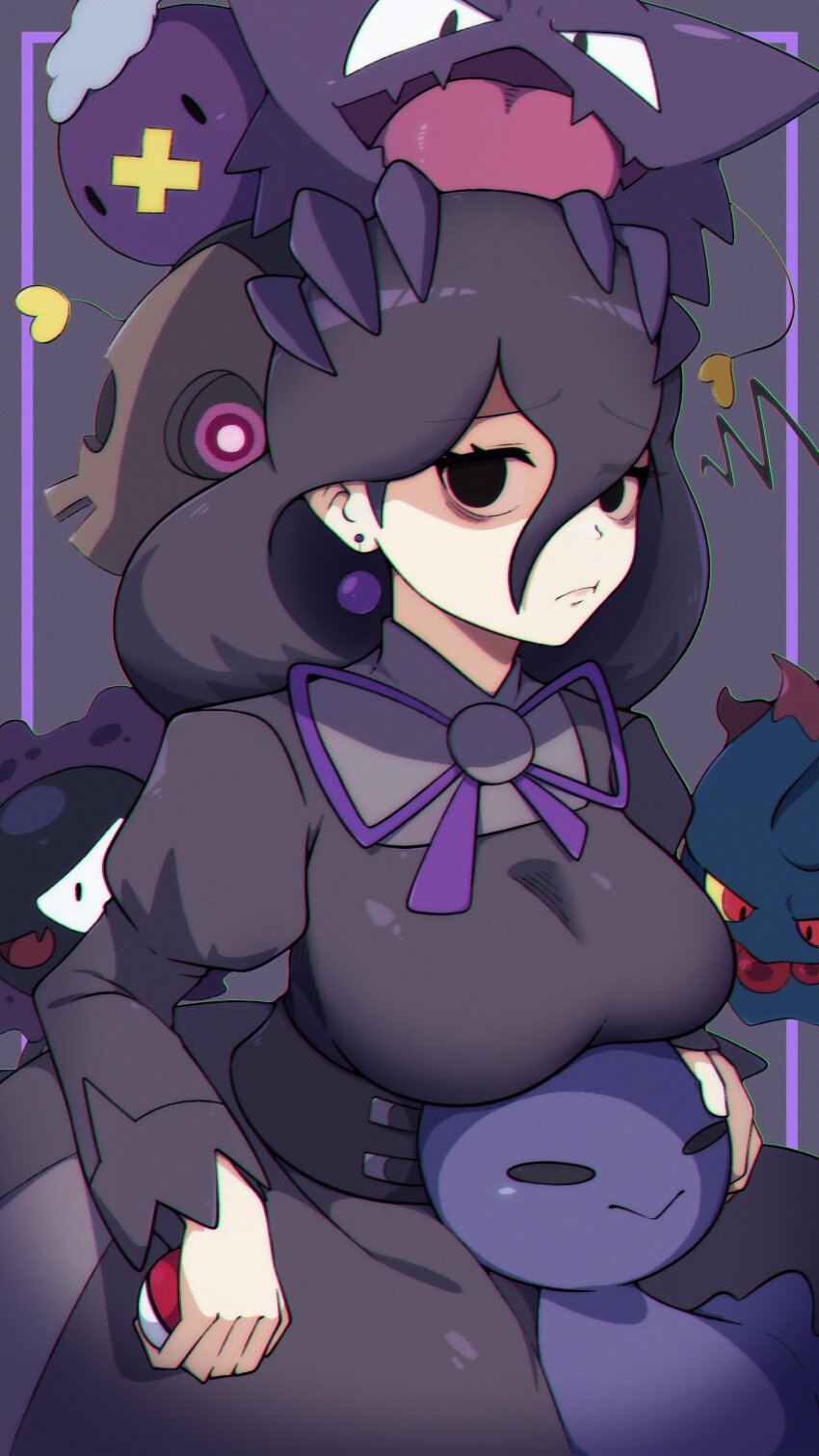 1girl absurdres afuron black_eyes black_hair breasts closed_mouth commentary_request dress drifloon duskull earrings game_freak gastly gen_1_pokemon gen_2_pokemon gen_3_pokemon gen_4_pokemon grey_background hair_between_eyes haunter hex_maniac_(pokemon) highres holding holding_poke_ball holding_pokemon jewelry long_hair looking_at_viewer misdreavus neck_ribbon nintendo on_head poke_ball poke_ball_(basic) pokemon pokemon_(creature) pokemon_legends:_z-a pokemon_on_head purple_ribbon ribbon shuppet