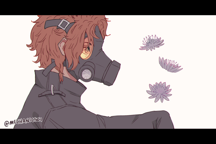 1boy artist_name chromatic_aberration flower flower_request from_side gas_mask highres letterboxed long_sleeves male_focus mask mechanicsci metal_gear_(series) metal_gear_solid_v:_the_phantom_pain orange_hair psycho_mantis short_hair simple_background solo twitter_username white_background