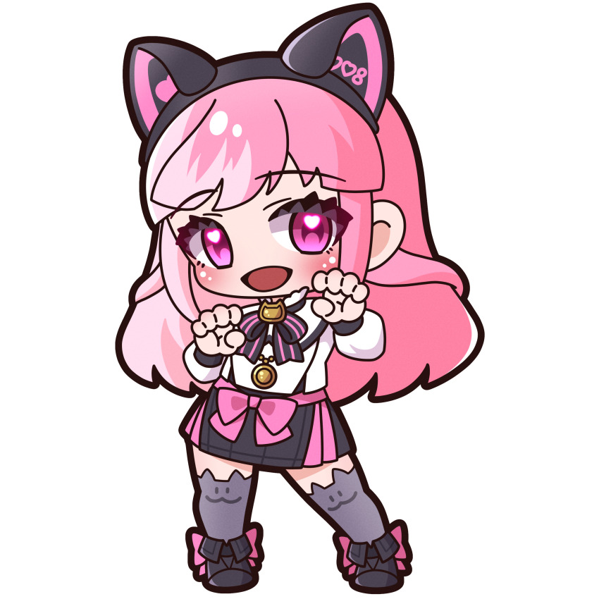 1girl :d absurdres animal_ear_headphones animal_ear_legwear animal_ears black_boots black_bow black_skirt blush boots bow chibi claw_pose fake_animal_ears fold-over_boots full_body grey_thighhighs hands_up headphones heart heart_in_eye highres long_hair long_sleeves looking_at_viewer manekine_yukino open_mouth pink_bow pink_hair pleated_skirt puffy_long_sleeves puffy_sleeves purple_eyes re/v_project saishosaisekojo shirt skirt smile solo standing striped_bow symbol_in_eye thighhighs thighhighs_under_boots transparent_background very_long_hair virtual_youtuber white_shirt