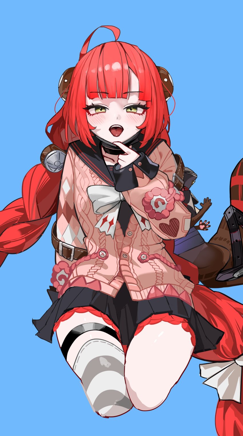 1girl absurdres ahoge animal_on_back black_choker black_mask black_sailor_collar black_skirt blue_background bow bowtie braid cardigan chest_bow choker green_eyes highres long_hair looking_at_viewer mask mask_pull mouth_mask open_mouth pink_cardigan raccoon red_hair sailor_collar seueo sitting skirt striped_clothes striped_thighhighs thighhighs ukinami_yuzuha very_long_hair white_bow white_bowtie zenless_zone_zero