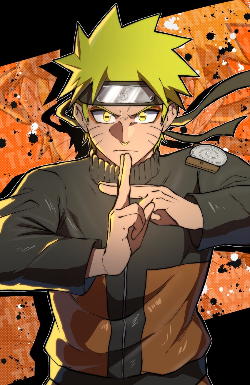 1boy black_jacket blonde_hair cow eyeshadow facial_mark forehead_protector highres jacket kuji-in makeup male_focus naruto_(series) naruto_shippuuden orange_eyeshadow orange_jacket sennin_mode slit_pupils solo solo_focus thatamaan uzumaki_naruto whisker_markings yellow_eyes zoom_layer