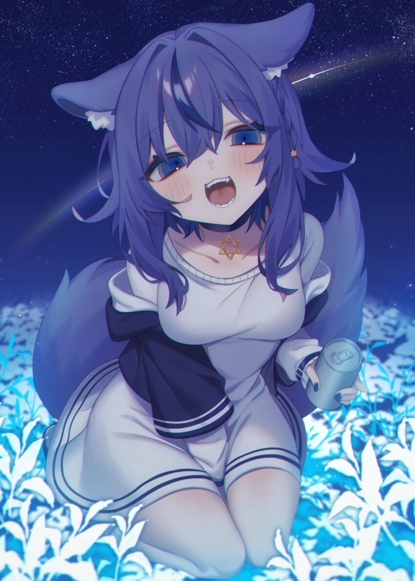 1girl :d animal_ears asano_yoru asano_yoru_(artist) between_legs black_choker blue_eyes blue_hair breasts can choker dress field flower flower_field fox_ears fox_girl fox_tail full_body hand_between_legs hexagram highres holding holding_can indie_virtual_youtuber jacket layered_sleeves long_sleeves medium_breasts medium_hair night off_shoulder open_clothes open_jacket open_mouth seiza short_over_long_sleeves short_sleeves sitting sky smile star_(sky) starry_sky sweater sweater_dress tail virtual_youtuber white_flower