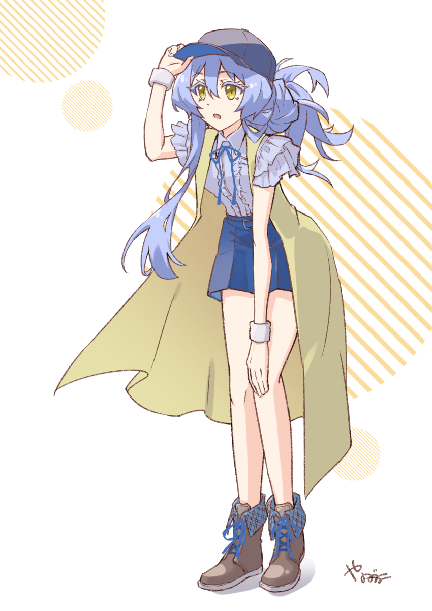 1girl alternate_costume black_hat blue_hair blue_shirt blue_shorts coat frilled_shirt frills full_body hat highres long_hair sentai_red_ga_isekai_de_boukensha_ni_naru shirt shorts simple_background sleeveless sleeveless_coat solo teltina_liz_wagrel_alvarost white_background yanagimachi yellow_eyes