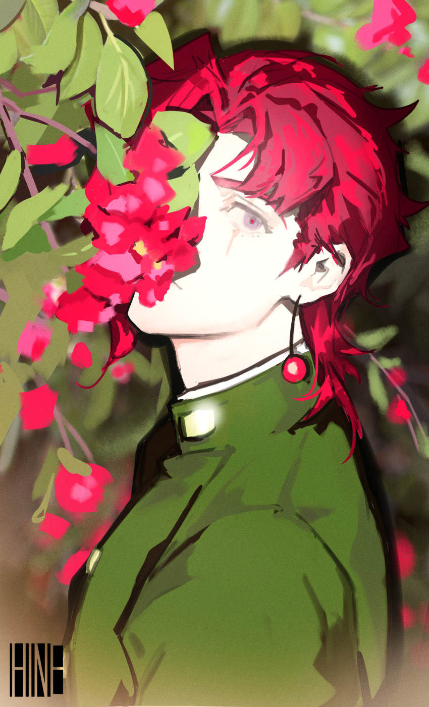 1boy absurdres bow cherry_blossoms cherry_earrings earrings flower food-themed_earrings food_themed_earrings green_gakuran highres hineshika jewelry jojo_no_kimyou_na_bouken kakyoin_noriaki looking_at_viewer male_focus portrait purple_eyes red_bow red_flower scar scar_on_face stardust_crusaders tree
