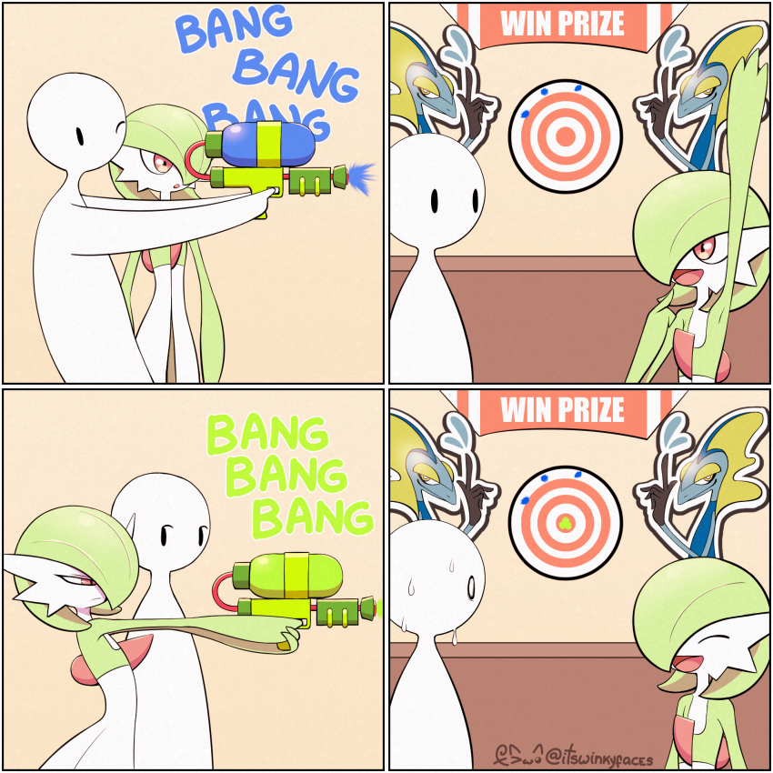 artist_name bob_cut closed_eyes colored_skin dress gardevoir gen_3_pokemon gen_8_pokemon green_hair green_skin highres inteleon multicolored_skin nintendo open_mouth pink_eyes pokemon pokemon_(creature) smile super_soaker sweat target two-tone_skin water_gun white_dress white_skin winkyfaces