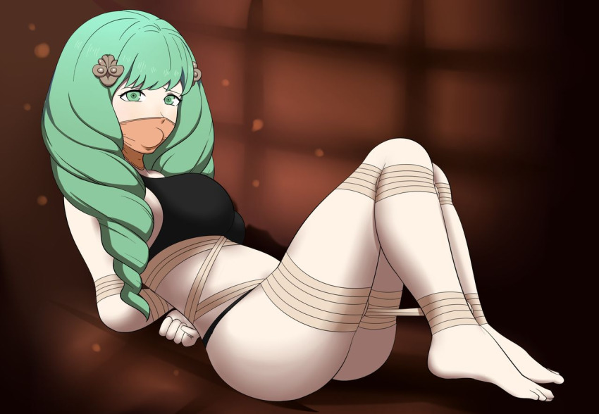 1girl ass ball_gag bdsm black_bra black_panties blush bondage bound bra breasts brown_background brown_rope cloth_gag covered_mouth dankestofdans eyeliner feet female_focus fire_emblem fire_emblem:_three_houses flayn_(fire_emblem) gag gagged green_eyes green_hair huge_ass improvised_gag intelligent_systems large_breasts layered_gags long_hair lying makeup nintendo panties rope shiny_clothes shiny_skin solo thick_thighs thighs underwear underwear_only variant_set very_long_hair