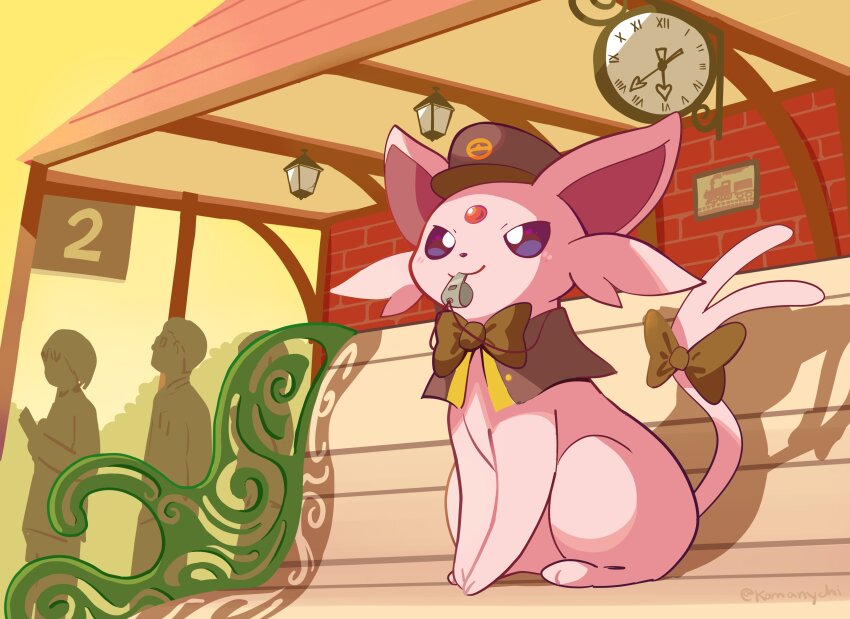absurdres animal_ears animal_nose bench bow bowtie brick_wall bright_pupils cape commentary conductor conductor_hat curvy espeon forehead_jewel forked_tail gen_2_pokemon hat highres long_ears looking_up nintendo outdoors people pokemon pokemon_(creature) pokemon_focus purple_eyes shadow sitting solo sunset tail train_station whistle whistle_around_neck white_pupils