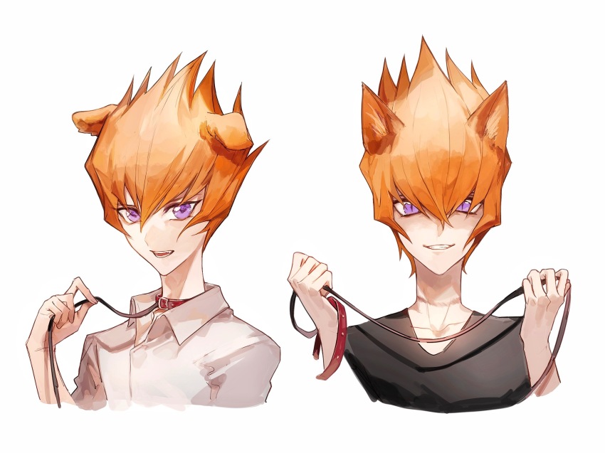 alternate_costume animal_collar animal_ears bad_id bad_lofter_id black_shirt collar collared_shirt cropped_torso dark_persona dog_ears evil_grin evil_smile grin hand_up highres holding holding_collar holding_leash holding_own_leash kemonomimi_mode leash light_smile looking_at_viewer male_focus naoki_(2rzmcaizerails6) orange_hair purple_eyes red_collar shingetsu_rei shirt short_hair simple_background slit_pupils smile spiked_hair upper_body vector_(yu-gi-oh!) white_background white_shirt yu-gi-oh! yu-gi-oh!_zexal