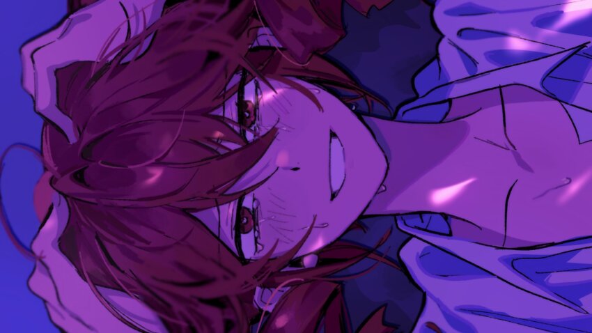 1girl ahoge bright_pupils drill_hair false_smile grin hair_between_eyes hands_on_own_head highres kasane_teto looking_at_viewer open_clothes open_shirt portrait red_eyes red_hair samsap shirt smile solo tears twin_drills utau white_pupils white_shirt