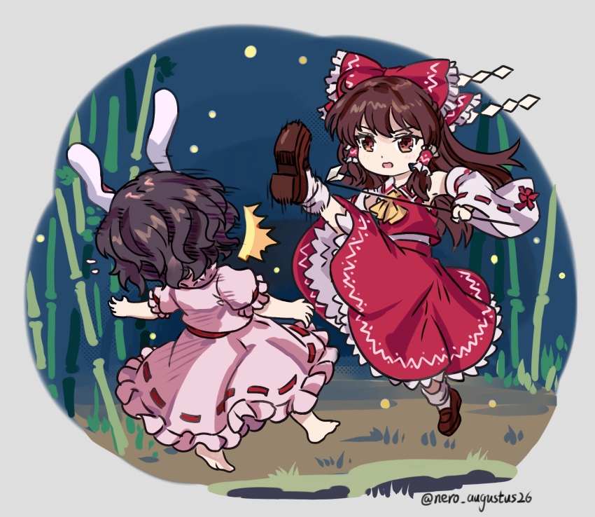 2girls animal_ears ascot bamboo bamboo_forest bow brown_eyes brown_hair chinese_commentary commentary_request detached_sleeves dress fighting flying_kick forest frilled_bow frilled_hair_tubes frills gohei hair_bow hair_tubes hakurei_reimu highres holding holding_gohei inaba_tewi kicking loafers long_hair multiple_girls nature nero_augustus open_mouth pink_dress rabbit_ears red_bow red_skirt ribbon-trimmed_sleeves ribbon_trim shoes skirt skirt_set socks touhou touhou_mystia&#039;s_izakaya twitter_username white_socks yellow_ascot