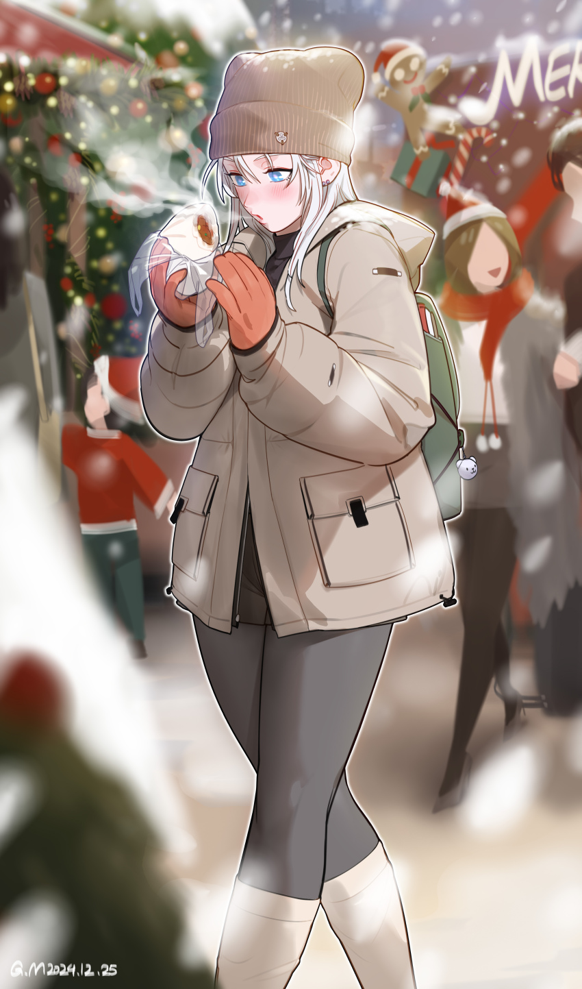 2boys 3girls absurdres aibo_(gorgeous_mushroom) backpack bag steamed_bun beanie blue_eyes blush brown_hair chinese_commentary christmas_tree coat commentary_request earrings faceless faceless_female faceless_male food gloves gorgeous_mushroom hat highres jewelry kneehighs long_hair multiple_boys multiple_girls original outdoors pants parted_bangs red_gloves santa_hat scarf snowing socks solo_focus sweater white_hair winter_clothes winter_coat yoga_pants
