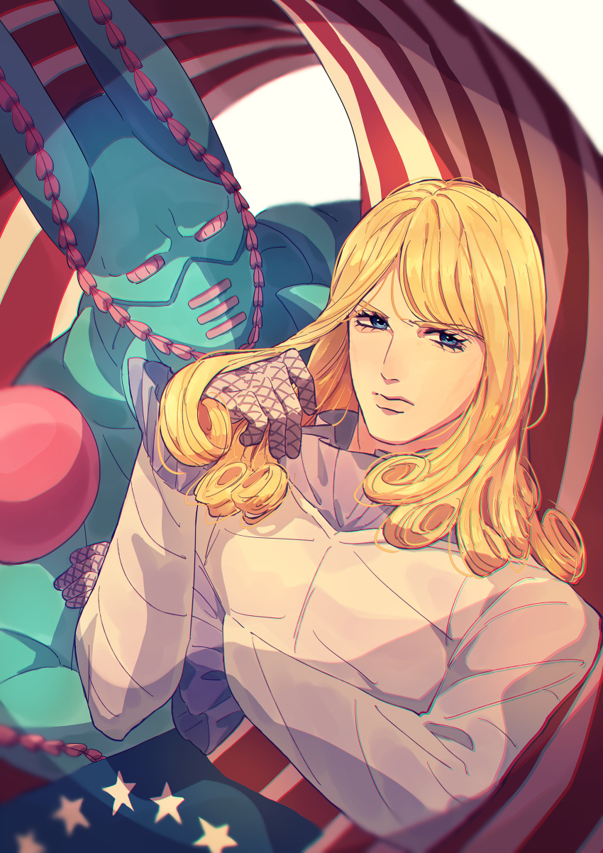 2boys absurdres american_flag blonde_hair blue_eyes curly_hair dirty_deeds_done_dirt_cheap frilled_sleeves frills funny_valentine gloves highres jojo_no_kimyou_na_bouken long_hair male_focus multiple_boys siniy stand_(jojo) steel_ball_run