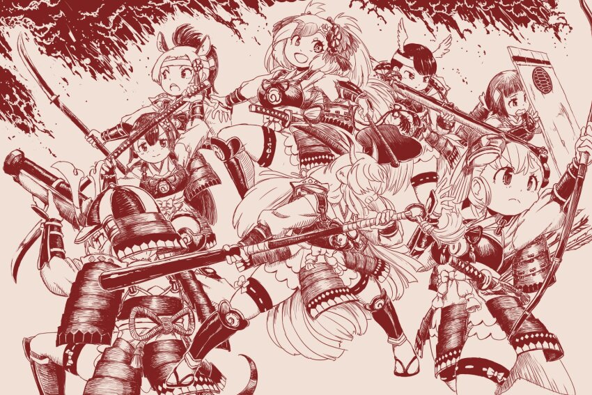 6+girls animal_ears antique_firearm archery armor arquebus arrow_(projectile) bird_girl bird_wings black-headed_ibis_(kemono_friends) black_hair black_horns bow_(weapon) braid character_request club club_(weapon) extra_ears firearm firelock flintlock greater_bird-of-paradise_(kemono_friends) grey_horns gun gunbai hachimaki hair_over_one_eye head_wings headband highres holding holding_bow_(weapon) holding_club holding_polearm holding_weapon horns japanese_armor japari_symbol jinmen-gyo_(kemono_friends) kanabou kemono_friends kemono_friends_3 kote kusazuri long_hair maki_(02uh14l1b740ao2) matchlock monochrome mountain_tapir_(kemono_friends) multicolored_horns multiple_girls muneate musket naginata official_alternate_costume ox_ears ox_girl ox_horns ox_tail polearm quiver red-eared_slider_(kemono_friends) samurai short_hair shoulder_armor sode suneate tanegashima_(gun) tate_(shield) teppo_(weapon) thigh_strap turtle_girl twin_braids war_fan weapon wings yak_(kemono_friends)