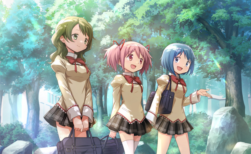 3girls :d arms_behind_back artist_request bag black_skirt blue_bag blue_eyes blue_hair bow bowtie breasts closed_mouth collared_shirt day game_cg green_eyes green_hair hair_ribbon hand_up highres holding holding_bag juliet_sleeves kaname_madoka light_blush light_rays long_hair long_sleeves looking_to_the_side mahou_shoujo_madoka_magica mahou_shoujo_madoka_magica_magia_exedra medium_breasts miki_sayaka miniskirt mitakihara_school_uniform multiple_girls official_art open_mouth outdoors own_hands_together pink_eyes pink_hair plaid_clothes plaid_skirt pleated_skirt pocket puffy_sleeves red_bow red_bowtie red_ribbon ribbon rock school school_bag school_uniform shirt shizuki_hitomi short_hair short_twintails skirt small_breasts smile sweater thighhighs tree twintails white_shirt white_thighhighs yellow_sweater