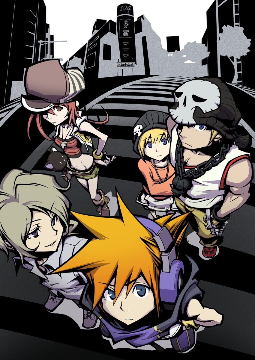 2girls 3boys beanie bito_daisukenojo bito_raimu blonde_hair blue_eyes boots brother_and_sister building cabbie_hat chain city collared_shirt crosswalk eyebrows frown hair_over_one_eye hand_in_pocket hand_on_own_hip hat hat_over_one_eye headphones high_collar highres hip_bones holding holding_stuffed_toy jacket kiryu_yoshiya kobayashi_gen looking_at_viewer midriff miniskirt misaki_shiki multiple_boys multiple_girls navel nomura_tetsuya nyantan official_art orange_hair red_hair red_shirt sakuraba_neku shibuya_(tokyo) shirt siblings skirt skull_print skyscraper smile smirk spiked_hair stuffed_toy subarashiki_kono_sekai tokyo_(city) tree wristband yellow_jacket