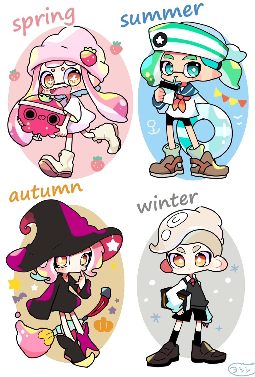 2boys 2girls aqua_eyes beanie bike_shorts black_socks book bright_pupils broom broom_riding brown_footwear closed_mouth commentary diamond-shaped_pupils diamond_(shape) drink drinking drinking_straw english_text fangs flower-shaped_pupils food fruit full_body green_hair hat highres holding holding_book inkbrush_(splatoon) inkling inkling_boy inkling_girl inkling_player_character lifebuoy long_hair long_sleeves medium_hair mohawk multiple_boys multiple_girls nintendo octoling octoling_boy octoling_girl octoling_player_character open_mouth orange_eyes pink_headwear pointy_ears print_headwear sailor_collar sailor_hat sailor_shirt seasons shirt shoes short_hair sleeves_past_fingers sleeves_past_wrists smile socks sparkle splatoon_(series) splatoon_3 standing star_(symbol) strawberry super_chump_(splatoon) swim_ring symbol-only_commentary symbol-shaped_pupils tentacle_hair thick_eyebrows translation_request walking white_hair white_pupils witch_hat yoshishi_(yosisitoho)