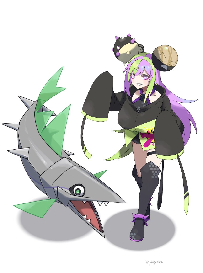 1girl absurdres alternate_color anklet artist_name black_jacket boots breasts character_hair_ornament commentary_request cosplay evil_grin evil_smile eyeshadow floating full_body glassy0302 green_hair green_jacket grin hair_ornament highres hisuian_electrode hisuian_qwilfish huge_breasts iono_(pokemon) iono_(pokemon)_(cosplay) jacket jewelry kuraishi_ringo_(glassy0302) long_hair long_sleeves looking_at_viewer makeup multicolored_hair multicolored_jacket nintendo open_mouth original oversized_clothes pink_eyeshadow pokemon pokemon_(creature) pokemon_sv purple_eyes purple_hair shadow sharp_teeth shiny_pokemon sidelocks simple_background skindentation skull_ornament sleeves_past_fingers sleeves_past_wrists smile spiked_anklet spikes standing teeth thigh_boots thigh_strap tongue twitter_username two-tone_hair two-tone_jacket veluza very_long_hair very_long_sleeves white_background