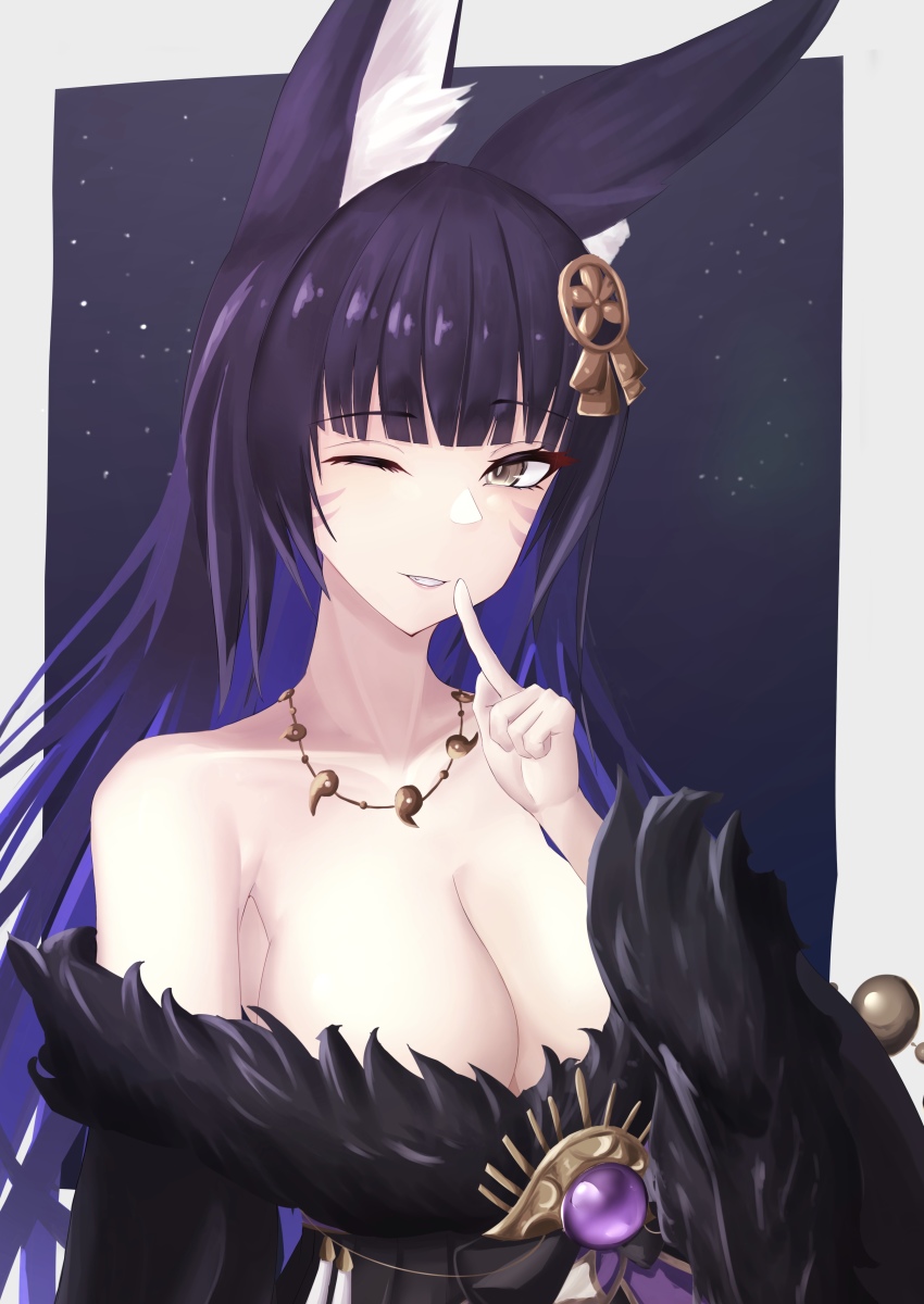 1girl ;d absurdres animal_ears azur_lane bare_shoulders black_hair black_kimono breasts cleavage eyelashes fang finger_to_mouth fox_ears fox_girl fur-trimmed_kimono fur_trim gem gradient_hair grin hair_ornament hairpin hand_up highres japanese_clothes jewelry kimono kitsune large_breasts long_hair looking_at_viewer magatama magatama_necklace multicolored_hair musashi_(azur_lane) nagatokks necklace off_shoulder one_eye_closed open_mouth purple_gemstone purple_hair sakura_empire_(emblem) smile solo upper_body very_long_hair