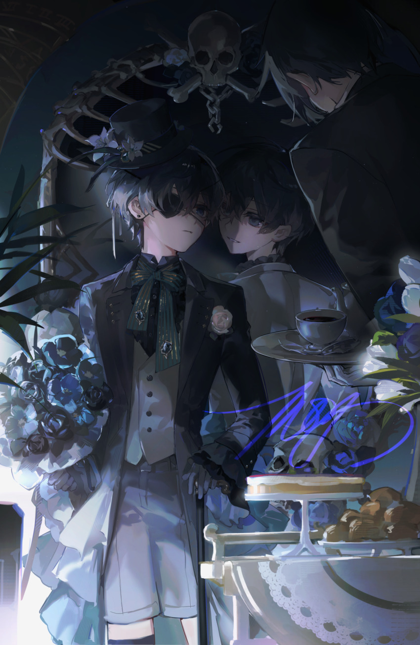 2boys back bishounen black_hair black_suit blue_eyes bouquet ciel_phantomhive closed_mouth earrings eyepatch flower formal_clothes hair_between_eyes highres holding holding_bouquet jewelry kuroshitsuji looking_at_another male_focus mors_gn multiple_boys sebastian_michaelis short_hair suit tagme