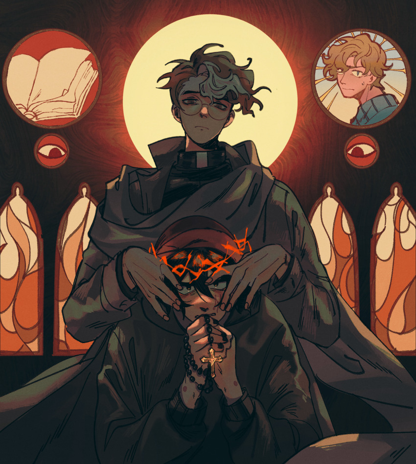3boys abstract_background black_eyes black_hair black_hoodie blonde_hair blue_eyes blue_sweater book brown_eyes brown_hair cassock christianity clerical_collar cross crown_of_thorns cyani07 dark_background disembodied_eye dream_smp fire glowing glowing_halo grey_cloak hair_between_eyes hair_over_one_eye halo hands_on_another&#039;s_face highres holding holding_jewelry hood hood_down hoodie jewelry kneeling long_sleeves male_focus minecraft_youtube multicolored_hair multiple_boys open_book praying priest quackity red_background red_eyes religion rosary round_eyewear scar scar_on_face stained_glass stigmata streaked_hair sweater tommyinnit white_hair wilbur_soot yaoi yellow_halo