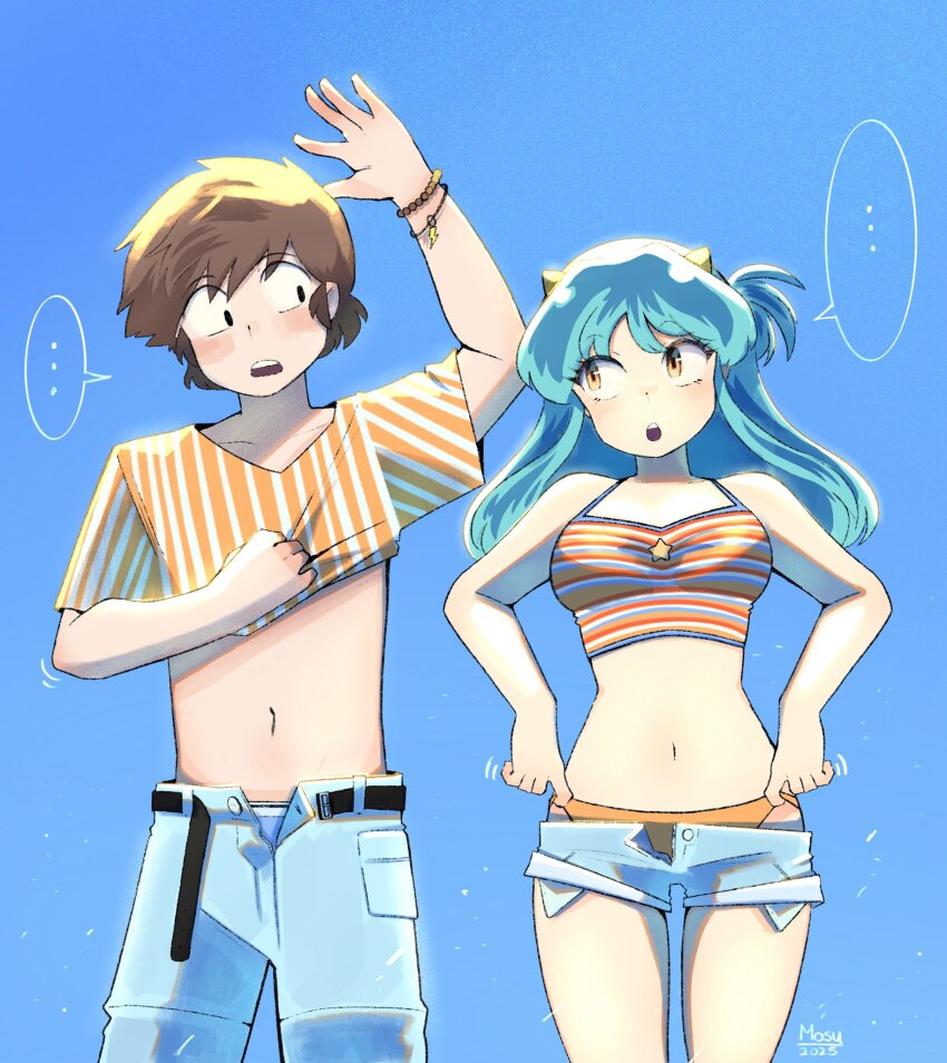 ... 1boy 1girl bikini blue_background blue_pants blue_shorts bracelet breasts brown_hair collarbone commentary cone_horns couple dated english_commentary green_hair halterneck hetero highres horns jewelry long_hair looking_at_another lum moroboshi_ataru mosyart motion_lines navel open_fly open_mouth orange_bikini pants partially_undressed shirt short_hair shorts signature speech_bubble spoken_ellipsis standing striped_bikini striped_clothes striped_shirt swimsuit swimsuit_under_clothes undressing urusei_yatsura